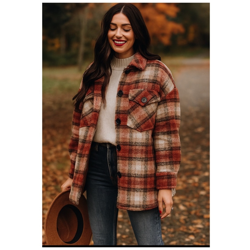 Mkt Studio Wool Blend Plaid Shacket Red Cream Check Jacket L | Fall Wool Coat